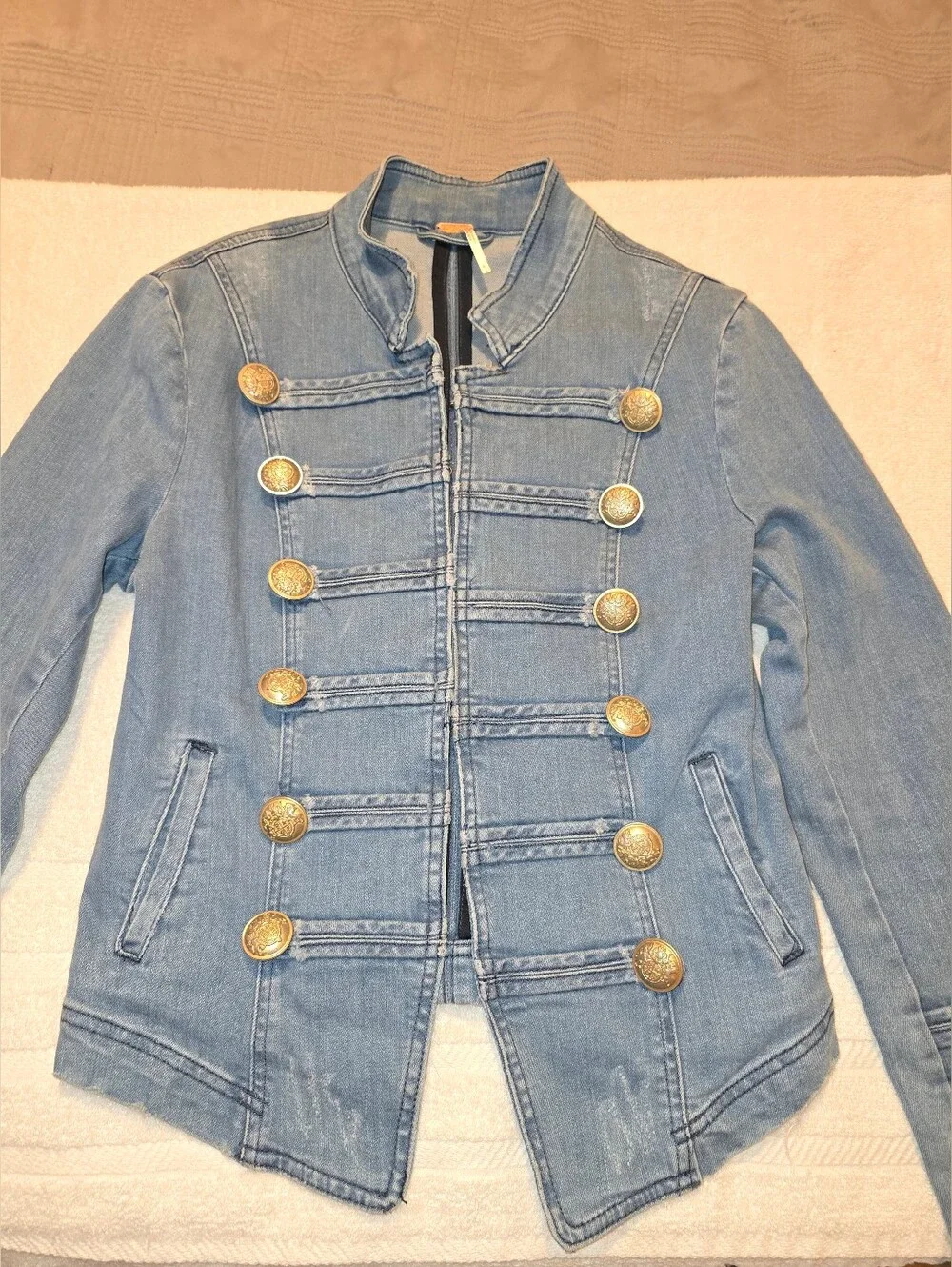 Free People Distressed Denim Military Jacket Gold Buttons Small - Picture 1 of 16